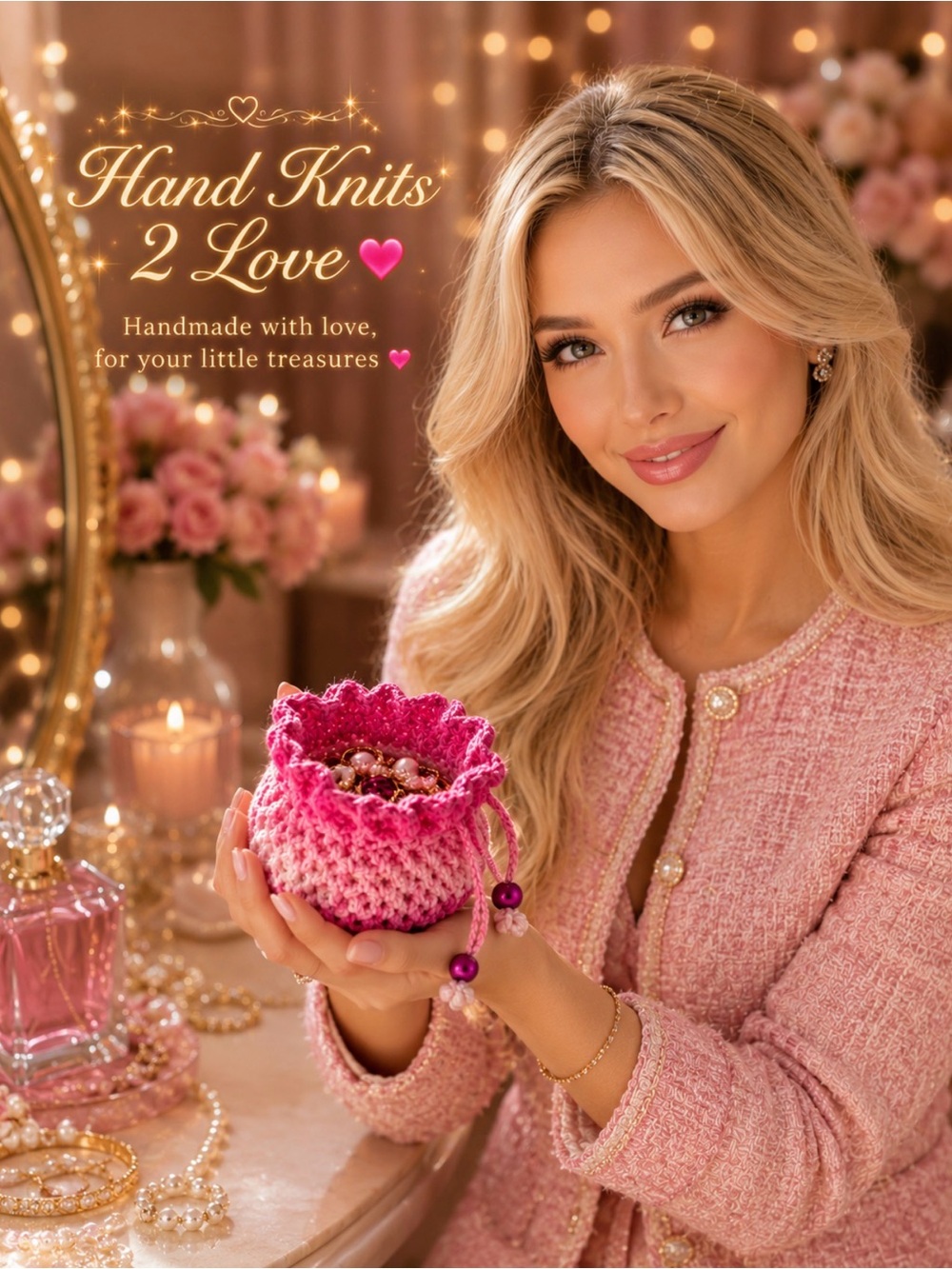 Hand Knits 2 Love Pouch CottonFlower Beads  Jewelry Designer Gift Keepsake